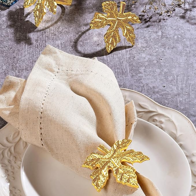 CLEENTABLE Elegant Handcrafted Leaf Napkin Rings - Set of 12 Premium Aluminum Holders for Dinner Parties, Weddings, Special Occasions & Everyday Dining (Gold)