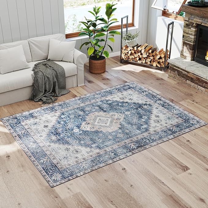 HOMCOM Washable Area Rug, 5'x7' Vintage Indoor Distressed Carpet, Retro Floor Cover Foldable, Floral Print Mat for Living Room, Bedroom, Dining Room, Blue