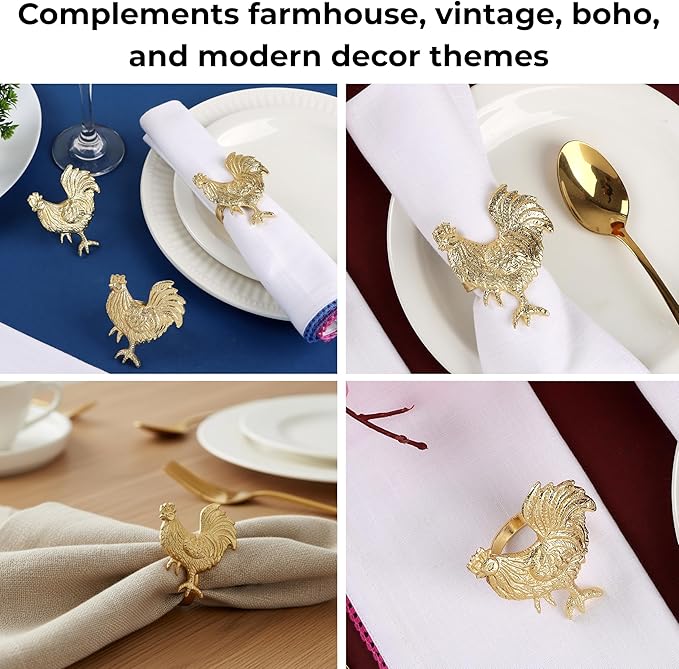 CLEENTABLE Napkin Rings Set of 12, Metal Napkin Holder Cuffs for Dinner Table Décor, Thanksgiving Rooster Farmhouse Modern Serviette Rings for Christmas, Weddings, Receptions, Gold