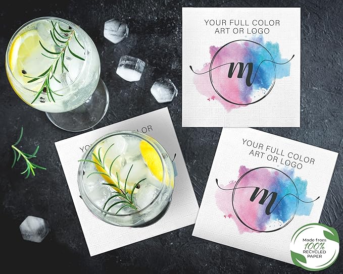 100% Recycled Custom Cocktail Napkins - Personalized 100% Recycled Napkins - Eco-friendly & Full-Color Digital Printed - Weddings, Events & Celebrations - Pack of 50 - All Over Embossed, 5"x 5"