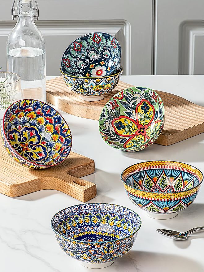 HENXFEN LEAD Small Dessert Bowls – 10 oz Boho Ceramic Bowls for Ice Cream, Snacks, Side Dishes, Condiments – Microwave & Dishwasher Safe, Set of 6