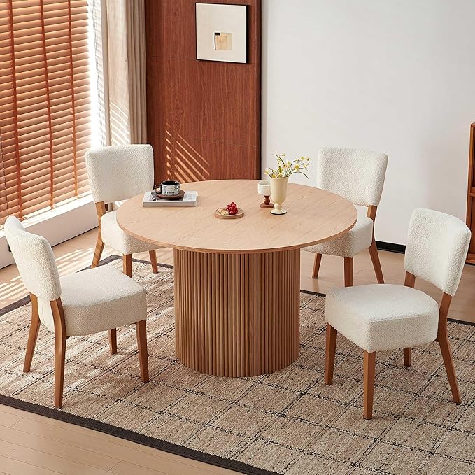 Howtek 5-Piece Modern Dining Room Set, 47" Round Dining Table and 4 Space-Saving Upholstered Stackable Dining Chairs, Kitchen Table and Chairs Set for Home, Kitchen, Living Room (Oak/White)