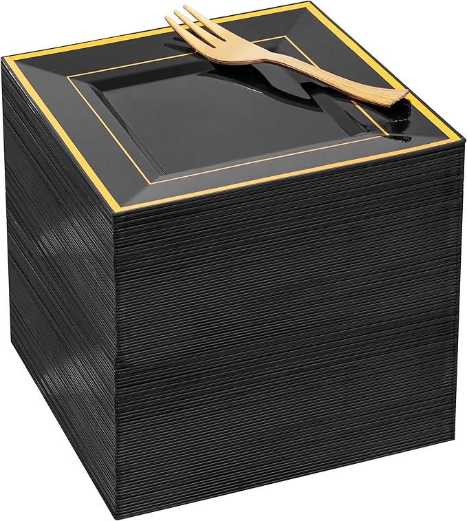 WDF 200PCS Black and Gold Plastic Dessert Plates with Plastic Forks -6’’ 100 Square Disposable Appetizer Plates Small Plate Cake Plate with Gold Rim for New Year