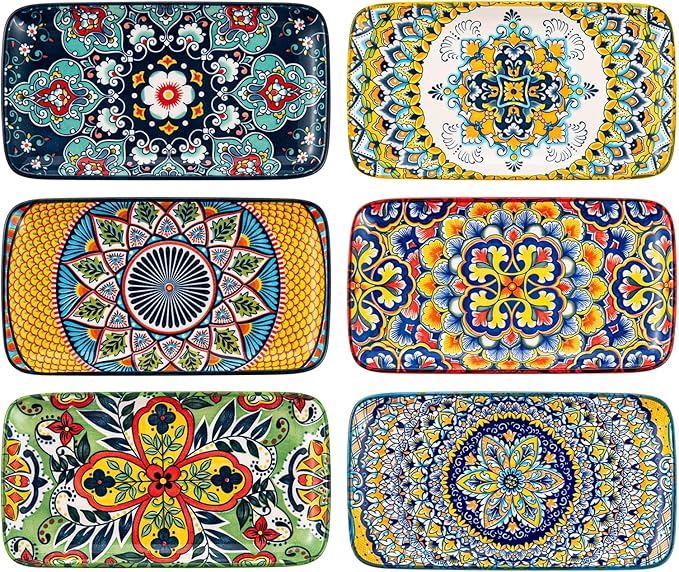 HENXFEN LEAD Ceramic Salad Plates 8 Inch – Rectangular Plates Set of 6 for Appetizer, Sushi & Dessert, Microwave & Dishwasher Safe