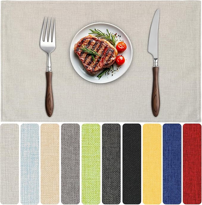 Blue Forest Placemats Set of 6, Dual-Layered Thickened Faux Linen Table Mats Heat Resistant Machine Washable Wrinkle Free Place Mats for Kitchen Dining Outdoor/Indoor (Cream Beige)