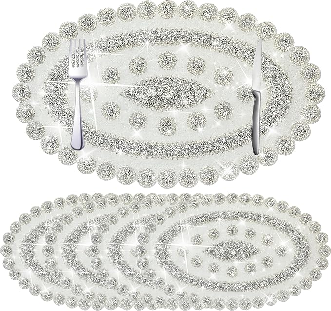 Sparkling Silver Diamond Placemats Bling Oval Place Mat Heat Elegant Table Decor for Weddings, Holidays, and Special Events (15x9 Inch)-4 PCS