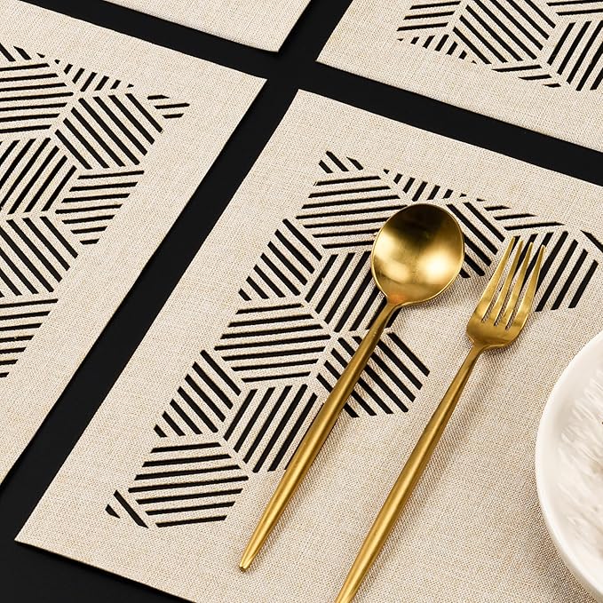 Decorative Placemats Set of 6 for Dining Table, Cloth Placemats with Hollow Design Table Cloth Set, Table Mats for Dining Table 12"x18" Sand
