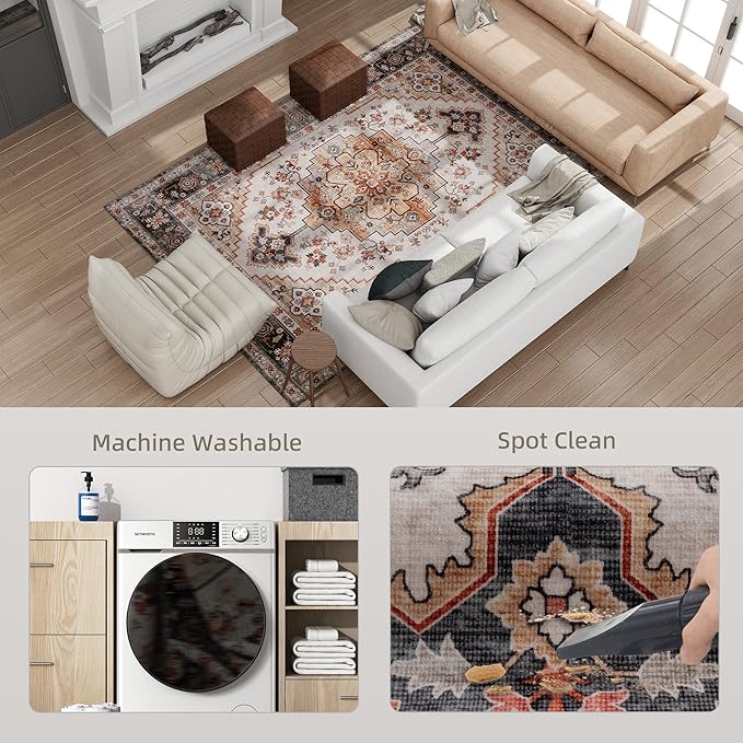 HOMCOM Washable Area Rug, 8'x10' Vintage Indoor Distressed Carpet, Retro Floor Cover Foldable, Floral Print Mat for Living Room, Bedroom, Dining Room, Tawny Brown