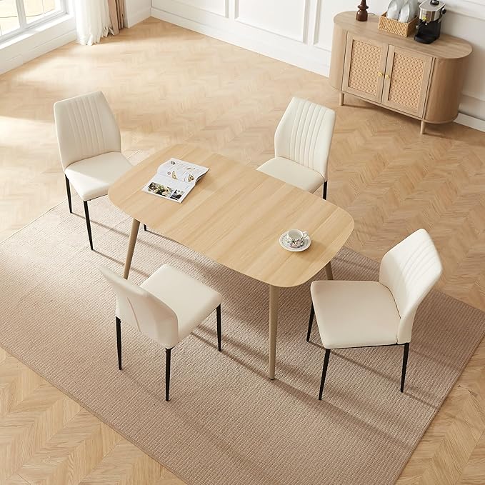 55.1" Modern Dining Table Set for 4, Scratch-Resistant Wood Table with 4 Black Leather Chairs, Stylish & Durable Dining Room Furniture, Space-Saving Kitchen Table Set for Family & Apartment