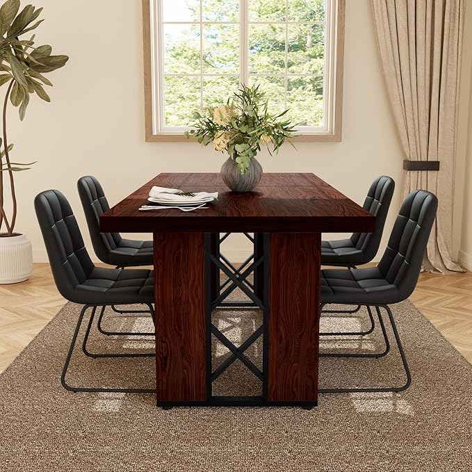 7-Piece Dining Table Set for 6 People, 70.8" MDF Kitchen Table with 6 Upholstered Chairs, Space-Saving for Dining Room, Breakfast Nook(Walnut Table+6 U-Shaped Black Chairs)