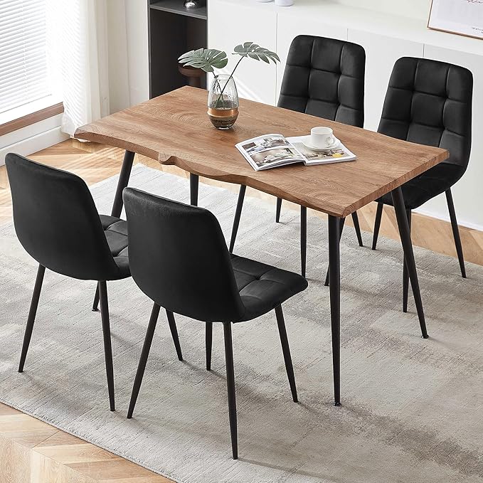 Rectangular Dining Table Set with Upholstered Chairs - Modern Kitchen Table and Chairs Set of 4 for Small Spaces - Black