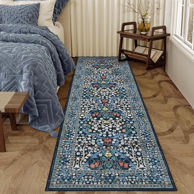 GarveeHome Floral Hallway Runner Rug Non-Slip, 2.5x10 Washable Rugs Ultra-Thin Soft Rug for Hallways, Kitchen Mat Stain Resistant Carpet for Entryway Bathroom, Dark Blue