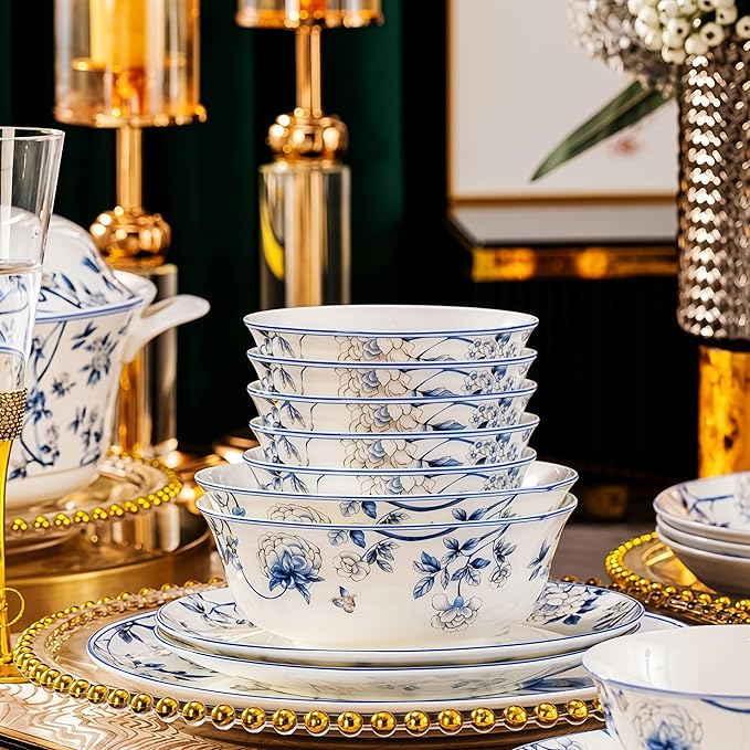 38 Pcs Fine Bone China Dinnerware Set,Porcelain&Ceramic Dinnerware Sets,Bone Stoneware & Ceramic Cookware Tableware Set Includes Dinner Plates|Spoons|Pasta Bowls|Soup Pot|Chopsticks