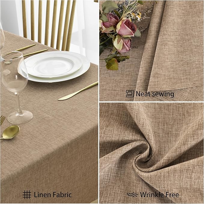 JIUZHEN Faux Linen Farmhouse Tablecloth Rectangular, Wrinkle Stain Resistant Table Cloth Rectangle Table Cover for Kitchen Dining, Holiday Party Dinner, Khaki, 60 x 102 Inch