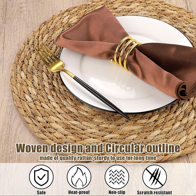 Kochorie Set of 6 Round Woven Placemats - 13.8 Inches Natural Boho Rattan Wicker Table Mats for Home Dining Table