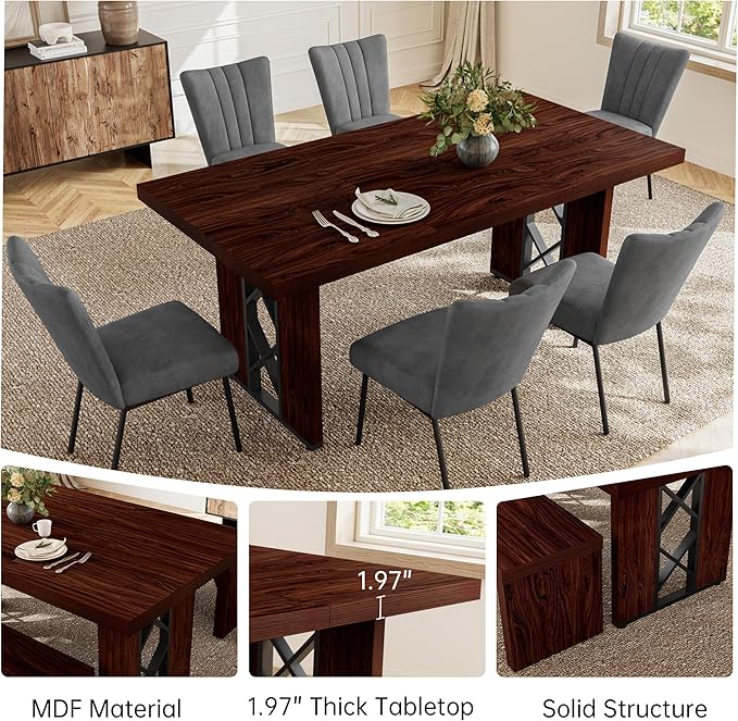 7-Piece Dining Table Set for 6 People, 70.8" MDF Kitchen Table with 6 Velvet Chairs, Space-Saving for Dining Room, Breakfast Nook(Walnut Table+6 Grey Chairs)