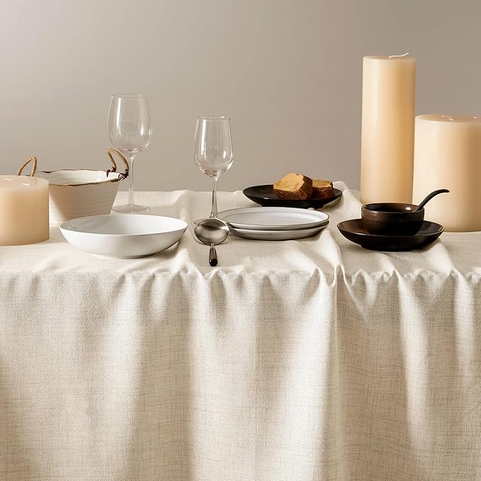 Linen Tablecloth for Square Table 60x60 Inch Light Tan, Farmhouse Style Beige Tablecloth, Water Resistant Burlap Tablecloths for Dining Table Farmhouse Kitchen