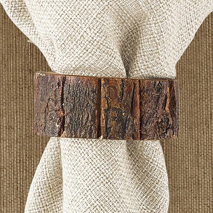 Park Designs Bark Edge Wood Napkin Ring Set of 4 | Rustic Natural Acacia Wood Napkin Holders with Textured Bark Edging | Farmhouse, Lodge & Boho Table Decor | Eco-Friendly Dining Accent