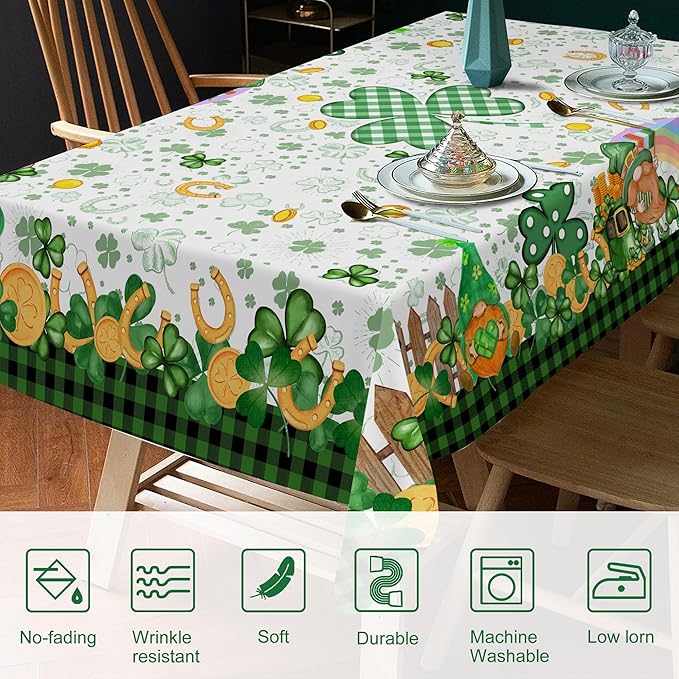 St Patricks Day Tablecloth, St Patricks Table Cloth Rectangle 60 x 120 with Shamrock Gnome, Saint Patricks Day Oblong Tablecloth Buffalo Check Plaid Kitchen Table Cover for Dining Room Indoor Decor