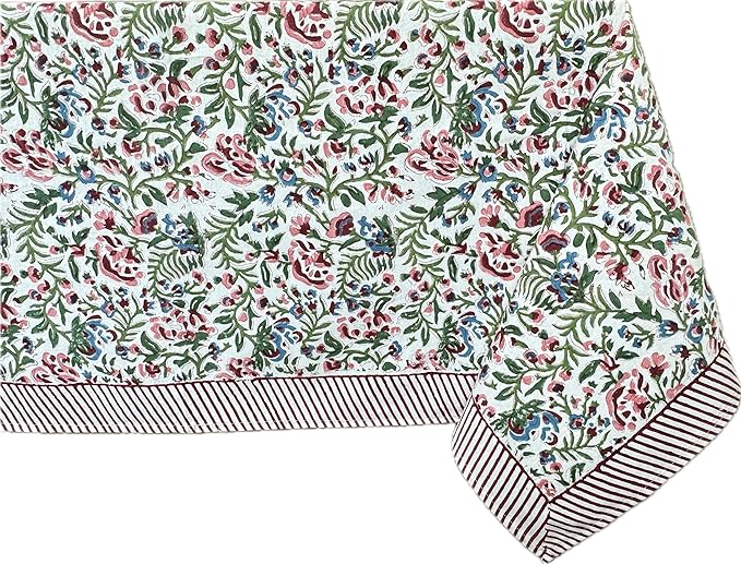 ATOSII Ambrosia 100% Cotton Rectangle Boho Spring Summer Tablecloth, Handblock Floral Table Cloth Linen for Kitchen Dining Parties Wedding Outdoors Easter Decor 60 X 108 Inches I 8 Seater