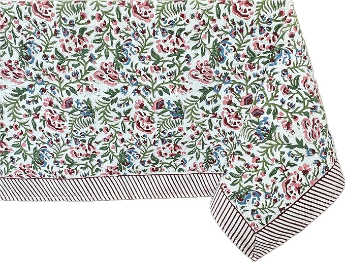 ATOSII Ambrosia 100% Cotton Rectangle Boho Spring Summer Tablecloth, Handblock Floral Table Cloth Linen for Kitchen Dining I Parties Wedding Outdoors Easter I 72 X 120 Inches I 10 Seater
