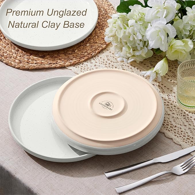 LIANYU Dinner Plates Set of 4, 10.5 Inch Stoneware Plate for Kitchen Dining, Large & Round Ceramic Salad Dishes Set, Microwave, Oven & Dishwasher Safe, Scratch Resistant, Stackable, Snowy White