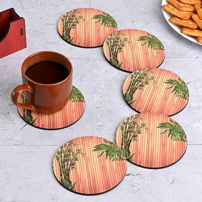 GKD Wooden Coasters for Drinks, MDF Wooden Coasters Set of 6 with Holder, 3.5 inches Eco-Friendly Absorbent Coaster for Coffee Table, Office, Bar, Drinking Glasses, Tabletop Protection