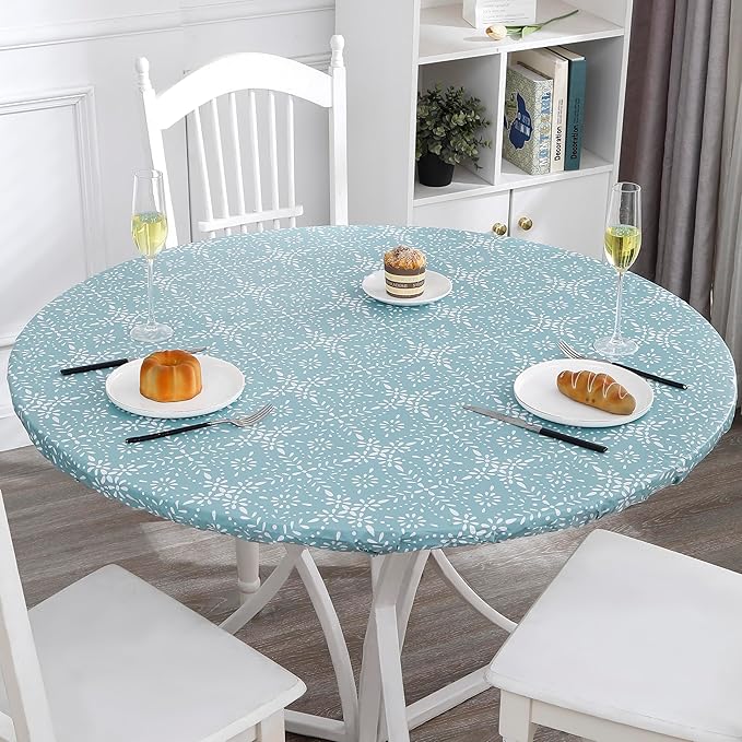 Walrus Round Vinyl Fitted Tablecloth with Flannel Backing Elastic Edge Design Table Cover Waterproof Oil-Proof PVC Table Cloth Stain-Resistant Best for 45"-56" Round