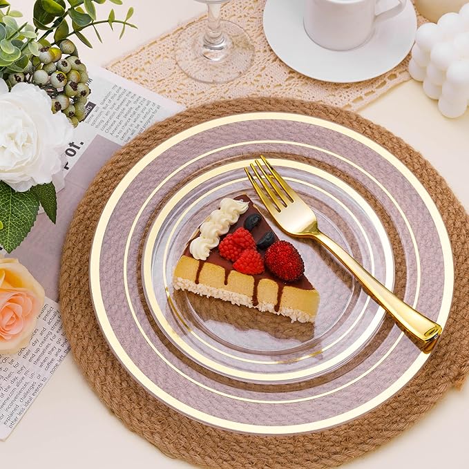 BESTSTAR 100PCS Clear Plastic Plates for Party, 10.25 Inch Disposable Plates with Gold Rim, Heavy Duty Dinner Plates for Christmas, Wedding and Birthday
