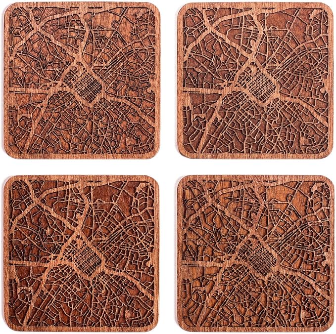 Charlotte, NC Map Coaster by O3 Design Studio, Set Of 4, Sapele Wooden Coaster With City Map, Handmade