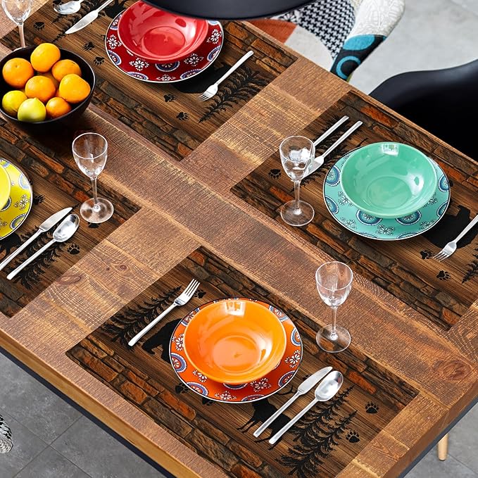 Rustic Placemats - Brown Cabin Bear Place Mats Set of 4 Country Moose Wooden Tablemats 12x18 for Dining Kitchen Farmhouse