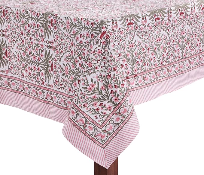 ATOSII Nargis Pink 100% Cotton Rectangle Boho Spring Tablecloth, Handblock Floral Table Cloth Linen for Kitchen Dining I Parties Wedding Outdoors Easter Holidays Home Decor 60 X 108 Inches I 8 Seater