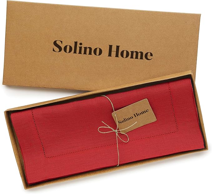 Solino Home Linen Red Table Runner 72 Inches Long - 100% Pure Linen Hemstitch Table Runner 14 x 72 Inch for Dresser, Dining, Valentines, Winter - Classic Hemstitch