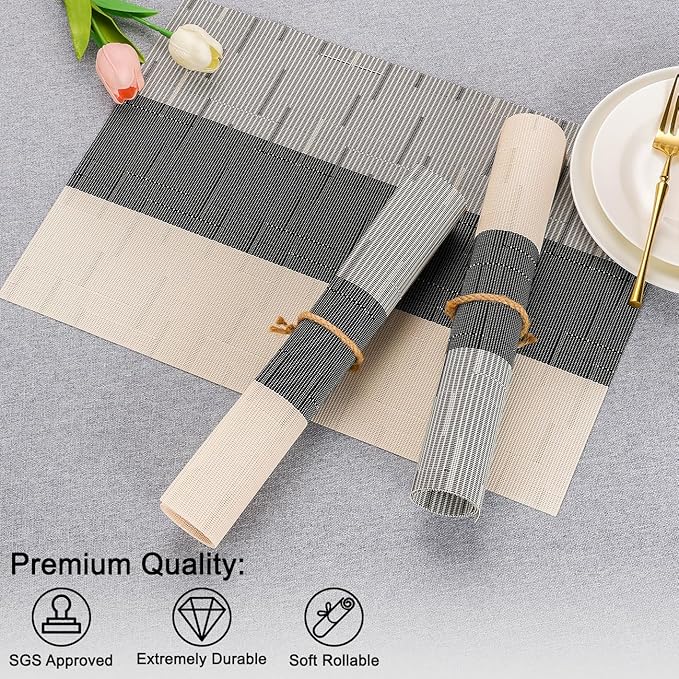 Placemats Set of 8, Vinyl Woven Place Mats Indoor Set of 8 Washable Wipeable PVC Table Mats Heat-Resistant Non Slip Plastic Placemat for Kitchen Dining Outdoor Table (Beige Black, Set of 8)