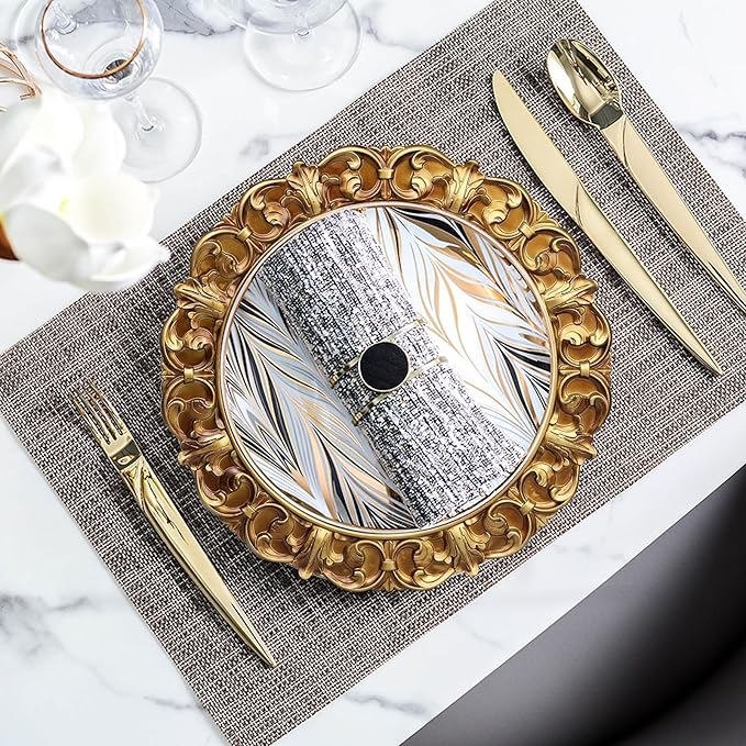 13" Antique Gold Charger Plates, Set of 6 Plastic Textured Chargers for Dinner Plates with Embossed Rim, Table Décor, Party, Wedding, Holiday