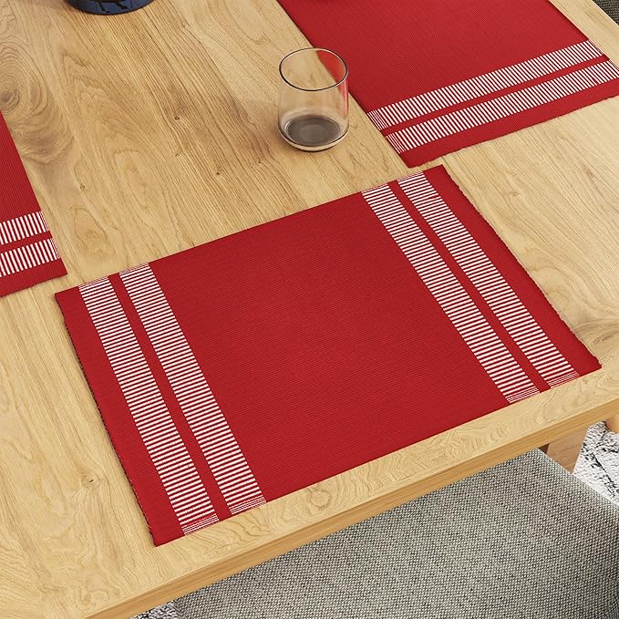 Encasa XO Dining Placemat Set of 6 | Ladder Red Color | Fine Ribbed Cotton Table mat | Size 18x13 in | Machine Washable
