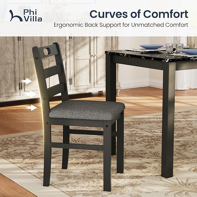PHI VILLA 5 Piece Dining Table Set for 4, Marble Design Kitchen Table Chairs Set of 4, Solid Wood Space-Saving Dining Room Table Set for Apartment, Veined Black Marble& Gray