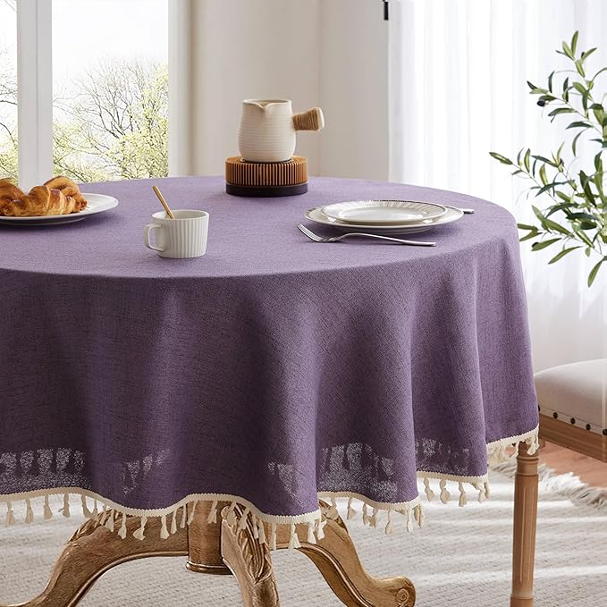 Linen Tablecloth with Tassels, Farmhouse Style Purple Tablecloth, Water Resistant Burlap Tablecloths for Round Table, 60 Inch Round Purple