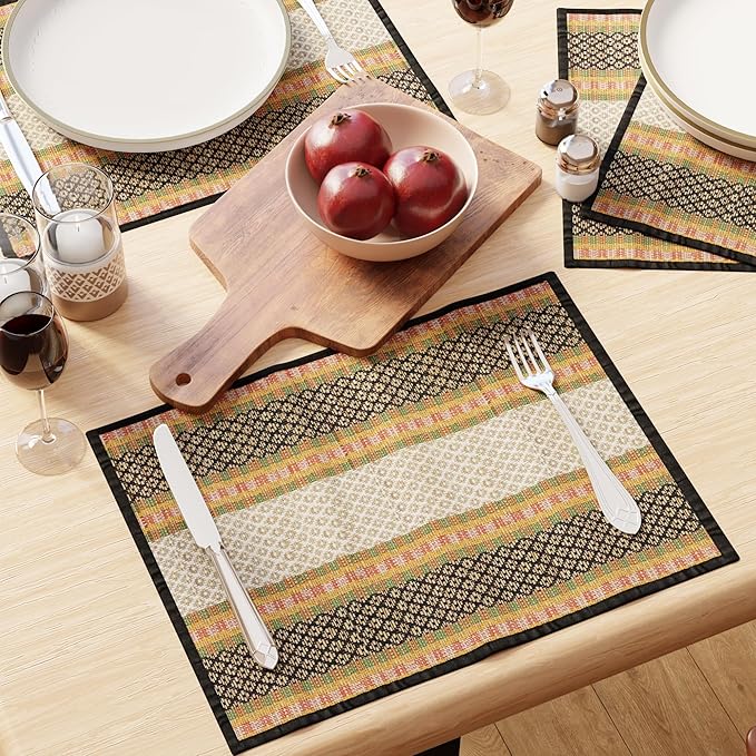 Encasa XO Woven Black Placemats Set of 4 – 12" x 17" | Handwoven Madurkathi Grass Table mats for Dining Table, Kitchen & Outdoor Decor | Durable & Heat‑Resistant