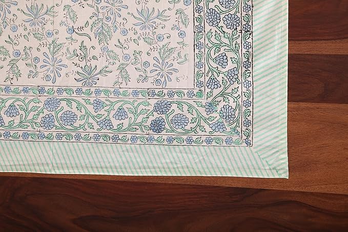 ATOSII Aster Blue 100% Cotton Rectangle Boho Fall Tablecloth, Handblock Floral Table Cloth Linen for Kitchen Dining I Parties Wedding Outdoors Christmas Thanksgiving I Fall Home Decor 60 X 90 Inches