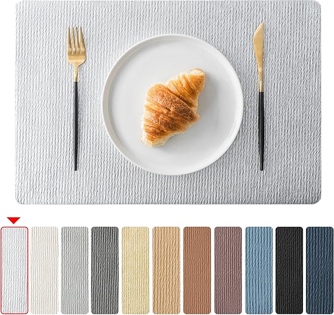 Jovono Faux Leather Placemats Set of 6, Waterproof Washable Table Mats, Easy-Clean Heat Resistant Kitchen Vinyl Place Mat for Dining Table, Wedding, Holidays, Indoor, 17.8"x11.8", Silver