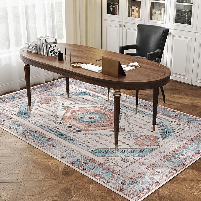 HOMCOM Washable Area Rug, 5'x7' Vintage Indoor Distressed Carpet, Retro Floor Cover Foldable, Floral Print Mat for Living Room, Bedroom, Dining Room, Brown and Blue