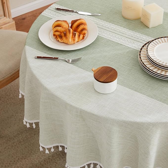 ZeeMart Contrast Linen Round Tablecloth 52 Inch Mid-Stripe Green, Farmhouse Style Round Table Cloth Heavy Weight Sage Green Tablecloths, Water Resistant Burlap Table Cloths