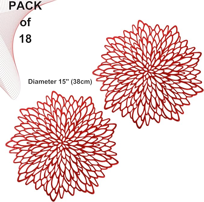 Snowkingdom Red Placemats Pressed Vinyl Metallic Shiny Floral Dinning Mats Round Leaf Table Decoration for Halloween Mother's Day Valentine Weddings Mother's Day Christmas Holiday Celebrations 18 Pack