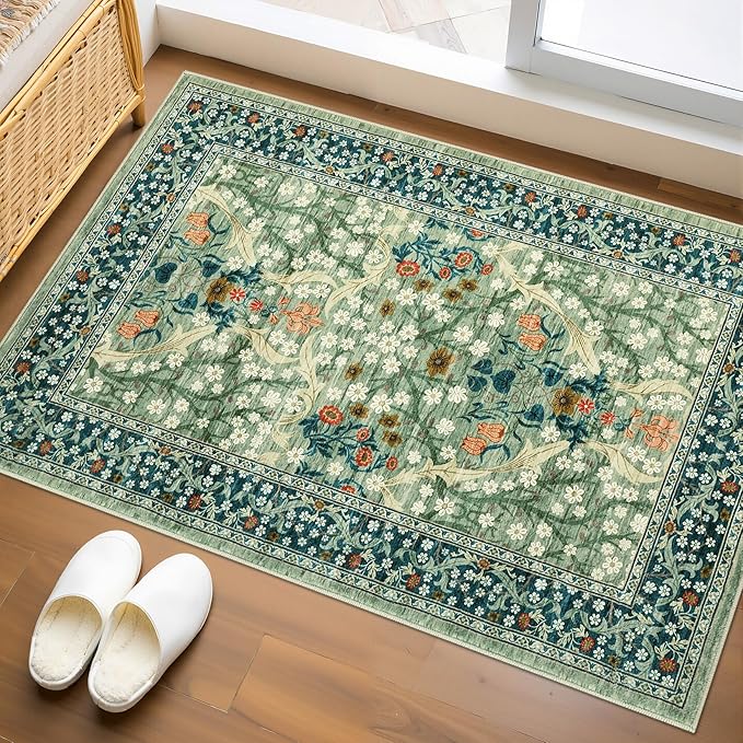 GarveeHome Floral Entryway Rug, 2x3 Washable Front Door Entry Throw Rugs Indoor, Non Slip Bathroom Small Rugs, Boho Thin Rug for Kitchen, Soft Carpet Mat for Bedroom Bathroom, Sage Green