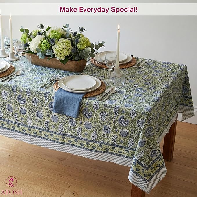 ATOSII Amara 100% Cotton Rectangle Fall Tablecloth, Handblock Floral Linen Table Cloth for Kitchen Dining Table I Parties Weddings Christmas I Fall Home Decor 60 X 108 Inches I 8 Seater