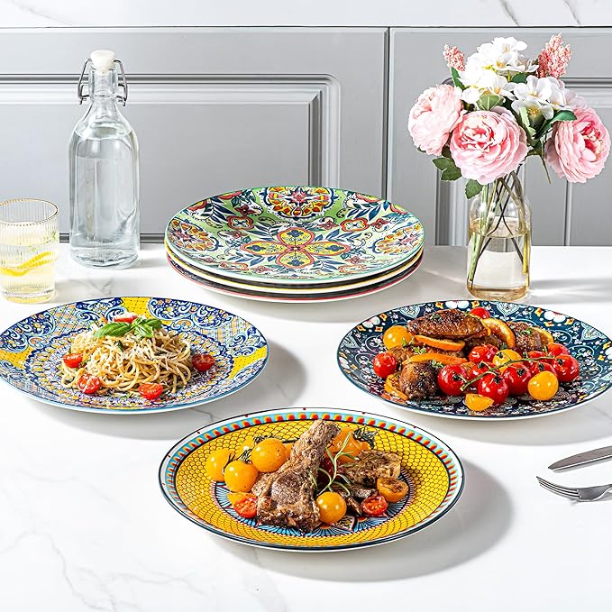 HENXFEN LEAD Dinner Plates Set of 6-10.5 Inch Large Ceramic Plates, Colorful Serving Dishes for Kitchen & Restaurant, Dishware, Microwave & Oven safe - Bohemian Style