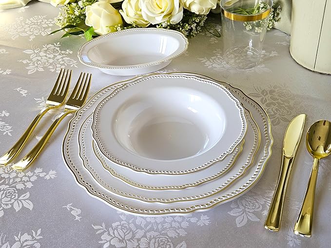" OCCASIONS " 50 Plates Pack (25 Guests)-Heavyweight Wedding Party Disposable Plastic Plate Set -25 x 10.25'' Dinner + 25 x 7.5'' Salad/dessert plates (Rochelle White and Gold)