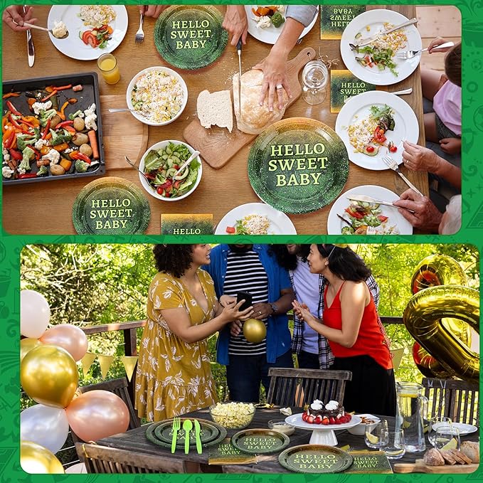 Yungyan 24 Sets Green Disposable Paper Plates and Napkins Forks Plates Nature Green Ogre themed Gender Reveal Themed Party Tableware Set Dinnerware for Baby Shower Bridal Shower Wedding