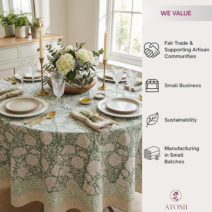 ATOSII Jade 100% Cotton Boho Round Tablecloth, Block Print Floral Table Cloth Linen for Dining, Parties, Weddings, Outdoors I Table Decor 72" Inches Diameter I